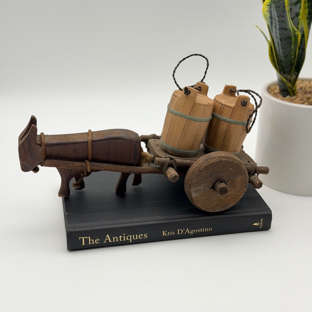 Vintage Wood Donkey Cart Burro Ceramic Water Jugs Primitive Folk Art Figurine